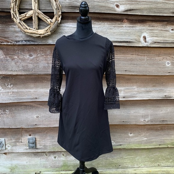 Donna Ricco Black Crochet Long Sleeve Shift Dress Size 8 NWT - Picture 1 of 9